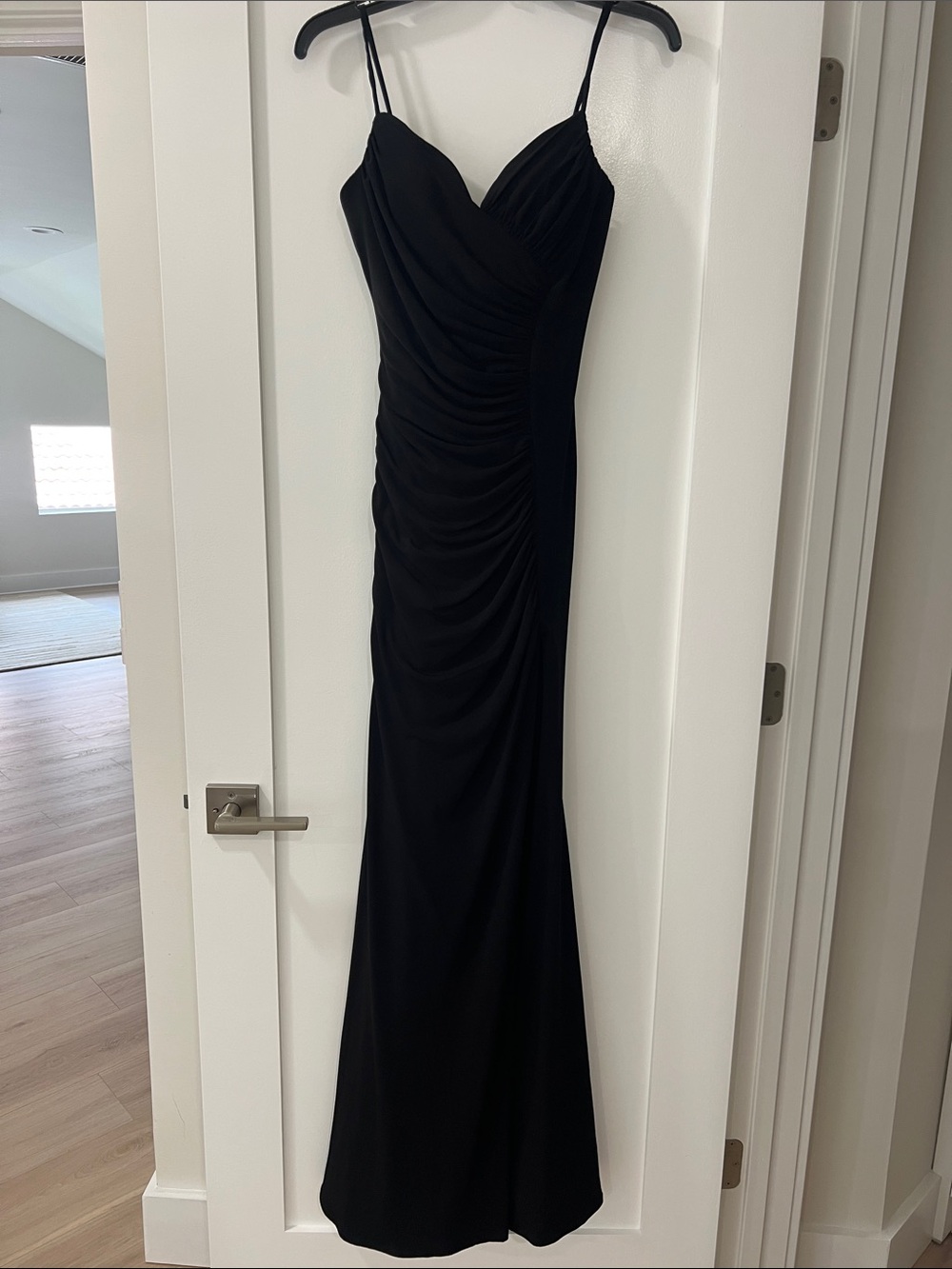 Jovani Black Ruched Spaghetti-Strap Evening Dress